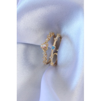 Gold Renk Zirkon Taşlı Taç Figür Pirinç Kadın Yüzük - Lisinya