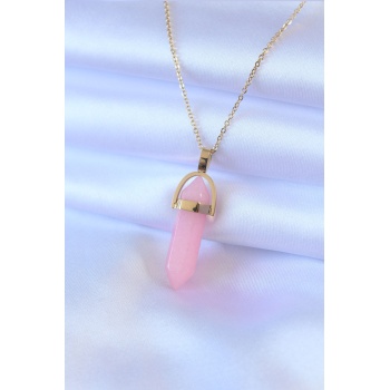 316L Çelik Gold Renk Kristal Pembe Taş Model Kadın kolye - Lisinya