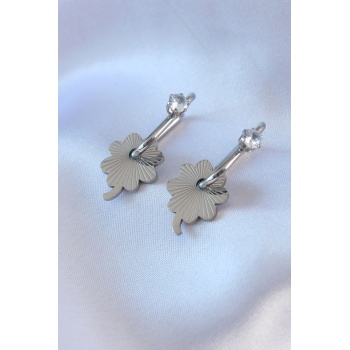 316L Çelik Gümüş Renk Zirkon Taşlı Kadın Göçmen Küpesi - Lisinya