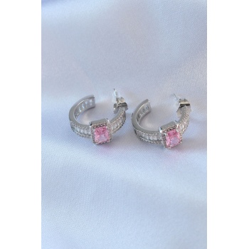 VIP Seri Gümüş Renk Yarım Halka Model Zirkon Taşlı Pirinç Kadın Küpe - Lisinya