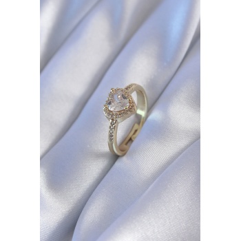 Gold Renk Zirkon Taşlı Kalp Model Pirinç Charm Kadın Yüzük - Lisinya