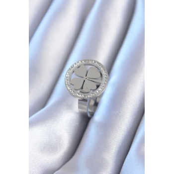 316L Çelik Gümüş Renk Zirkon Taşlı Yonca Model Kadın Yüzük - Lisinya