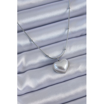 316L Çelik Gümüş Renk İncili Kalp Model Minimal Top Detay Kadın Kolye - Lisinya