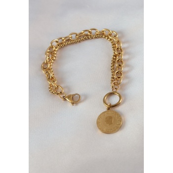 316L Çelik Gold Renk 2li Zincir Model Çeyrek Altınlı Kadın Bileklik - Lisinya