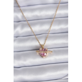 316L Çelik Gold Renk Zincir Pembe Kristal Kalp Model Zirkon Taş Detay Kadın Kolye - Lisinya