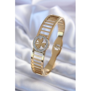 316L Çelik Gold Renk Zirkon Taşlı Yonca Model Kadın Kelepçe - Lisinya