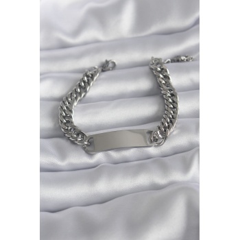 316L Çelik Gümüş Renk İsim Yazılabilir Plaka Model Kadın Bileklik - Lisinya