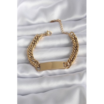 316L Çelik Gold Renk İsim Yazılabilir Plaka Model Kadın Bileklik - Lisinya