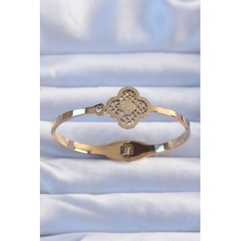 316L Çelik Altın Renk Zirkon Taşlı Simli Yonca Kelepçe - Lisinya