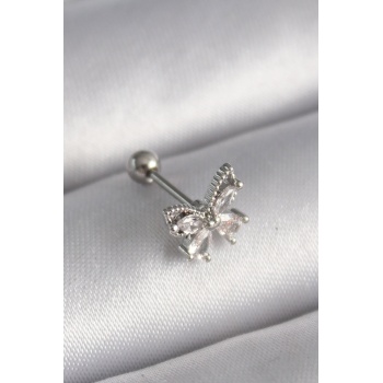 316L Çelik Gümüş Renk Zirkon Taşlı Kelebek Tragus Piercing - Lisinya