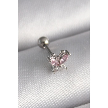 316L Çelik Gümüş Renk Pembe Zirkon Taşlı Kelebek Tragus Piercing - Lisinya