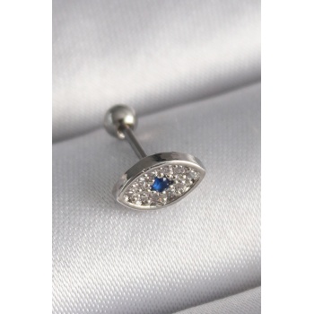 316L Çelik Gümüş Renk Zirkon Taşlı Göz Tragus Piercing - Lisinya
