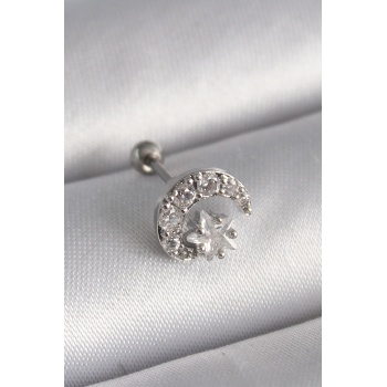 316L Çelik Gümüş Renk Zirkon Taşlı Ay Yıldız Tragus Piercing - Lisinya