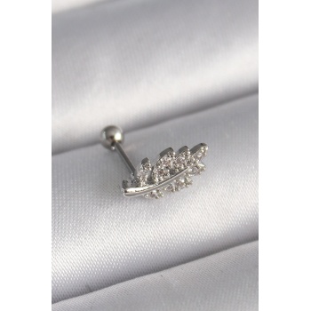 316L Çelik Gümüş Renk Zirkon Taşlı Dal Tragus Piercing - Lisinya