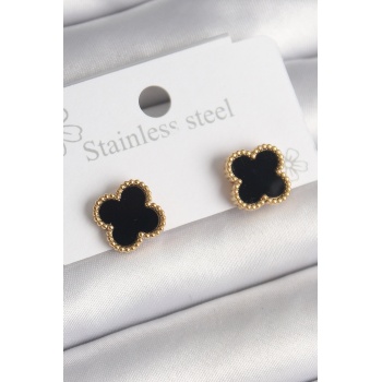 316L Çelik Gold Renk Siyah Yonca Model Kadın Küpe - Lisinya