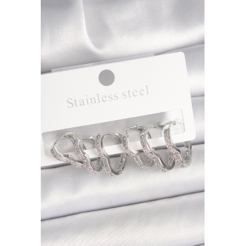 Pirinç Gümüş Renk Zirkon Taşlı 3 Çift Kalp Model Kadın Küpe - Lisinya