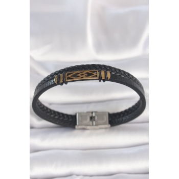 316L Çelik Gold Renk Aksesuarlı Çift Sıra Siyah Burgu Desenli Deri Kordon Erkek Bileklik - Lisinya