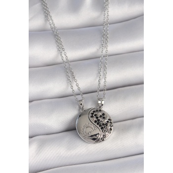 316L Çelik Gümüş Renk Zincir Zirkon Taşlı Ying Yang Model Gün Batımı İşlemeli Arakdaşlık Kadın Kolye - Lisinya