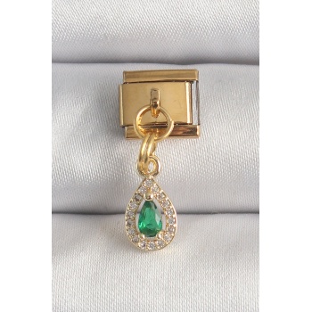 316L Çelik Gold Renk Sallantı Damla Yeşil Zirkon Taşlı Nomination Charm - Lisinya