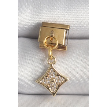 316L Çelik Gold Renk Sallantı Zirkon Taşlı Çiçek İşlemeli Nomination Charm - Lisinya