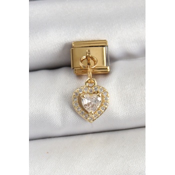 316L Çelik Sallantılı Zirkon Taşlı Kalp Model Gold Renk Nomination Charm - Lisinya