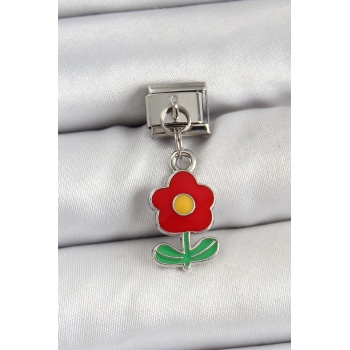 316L Çelik Sallantılı Kırmızı Papatya Model Gümüş Renk Nomination Charm - Lisinya