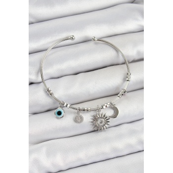 Pirinç Zirkon Taşlı Güneş Ay Ve Nazar Model Gümüş Renk Charm Bileklik - Lisinya