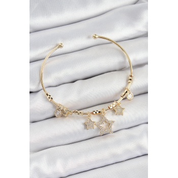 Pirinç Zirkon Taşlı Yıldız Model Gold Renk Charm Bileklik - Lisinya
