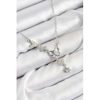 316L Çelik Zirkon Taşlı Kelebek Model Gümüş Renk Kadın Kolye - Lisinya