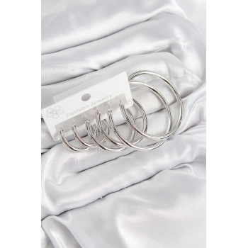 Pirinç Halka Model Gümüş Renk Kadın Set Küpe - Lisinya