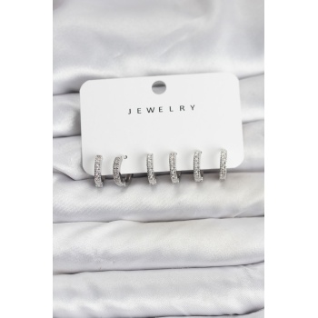 Gümüş Renk Pirinç Zirkon Taşlı Halka Kadın Küpe Seti - Lisinya