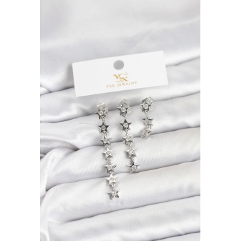 Pirinç Gümüş Renk Yıldız Model YSX Trio Küpe Seti - Lisinya