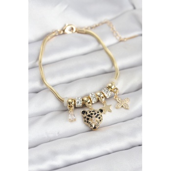 Pirinç Gold Renk Kaplan Model Charmlı Kadın Bileklik - Lisinya