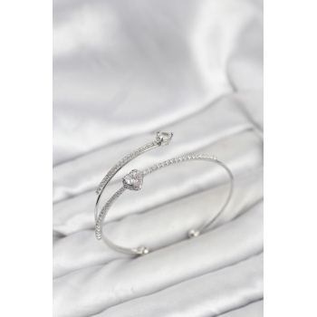 Kalp Model Pirinç Gümüş Renk Kadın Bileklik - Lisinya