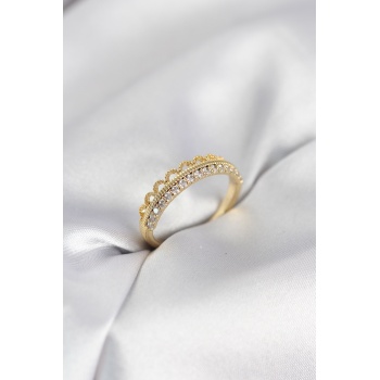 Motif Desenli Gold Renk Zirkon Taşlı Kadın Yüzük - Lisinya