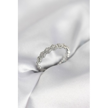 Sıralı Çiçek Model Gümüş Renk Zirkon Taşlı Kadın Yüzük - Lisinya