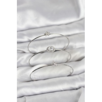 Zirkon Taşlı Gümüş Renk Tek Taş Model 3lü Kadın Bileklik Kombini - Lisinya