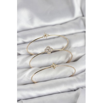 Zirkon Taşlı Gold Renk Yonca Tasarım 3lü Kadın Bileklik Kombini - Lisinya