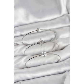 Gümüş Renk Zirkon Taşlı Kutup Yıldızı Model 3lü Kadın Bileklik Kombini - Lisinya