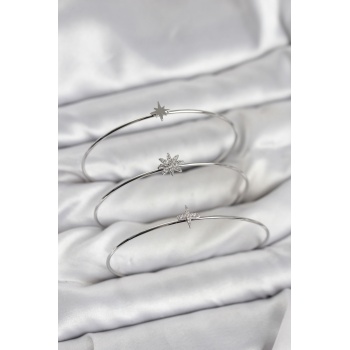 Zirkon Taşlı Kutup Yıldızı Model Gümüş Renk 3lü Kadın Bileklik Kombini - Lisinya