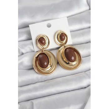 Kahverengi Sallantılı Damla Model Gold Renk Vintage Kadın Küpe - Lisinya