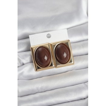 Kahverengi Kare Model Vintage Gold Renk Kadın Küpe - Lisinya
