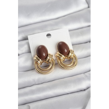 Pirinç Gold Renk Kahverengi Taşlı Vintage Kadın Küpe - Lisinya