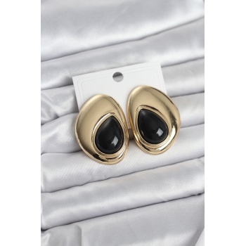 Pirinç Gold Renk Siyah Taşlı Damla Model Vintage Kadın Küpe - Lisinya