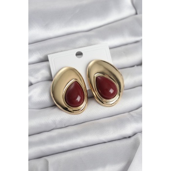 Pirinç Gold Renk Bordo Taşlı Damla Model Vintage Kadın Küpe - Lisinya
