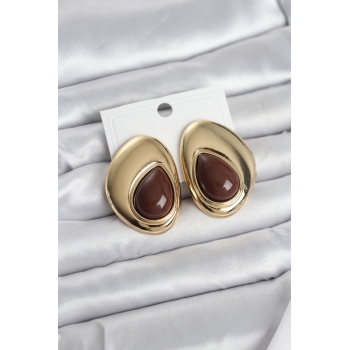 Pirinç Gold Renk Kahverengi Taşlı Damla Model Vintage Kadın Küpe - Lisinya