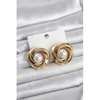 Pirinç Gold Renk Sarmal Model İncili Kadın Küpe - Lisinya