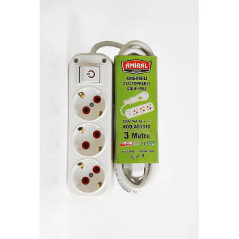 Amiral 3 Lü Topraklı Anahtarlı 3 Metre Kablolu Grup Priz - Lisinya