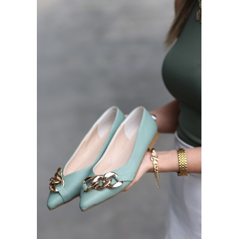 Popi Mint Yeşili Cilt Zincirli Babet Ayakkabı - Lisinya