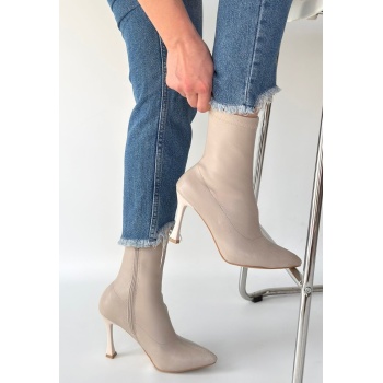 Orjen Bej Cilt Streç Topuklu Bot - Lisinya